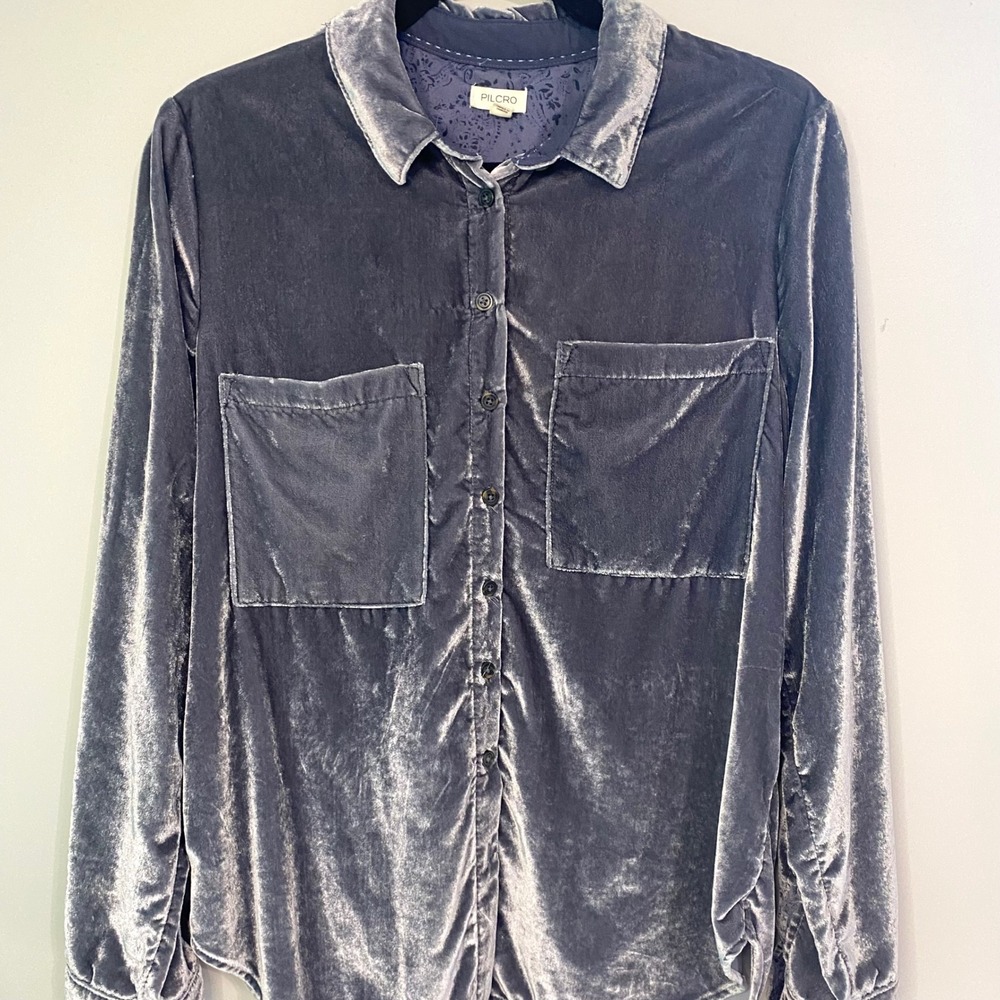 Pilcro Grey Velvet Button Down Shirt Long Sleeve- M